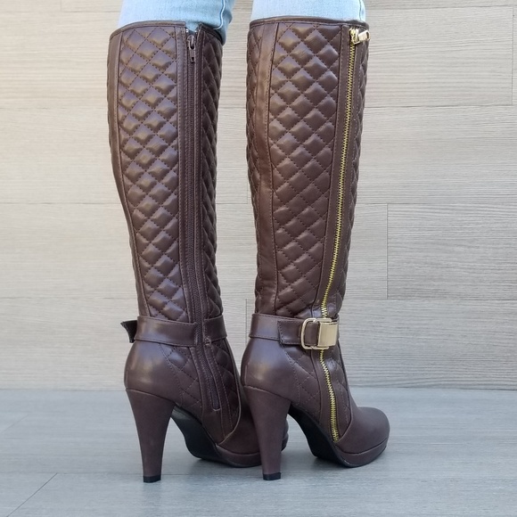 Knee High Heel Boots Brown Vegan Leather and fur - Picture 2 of 8